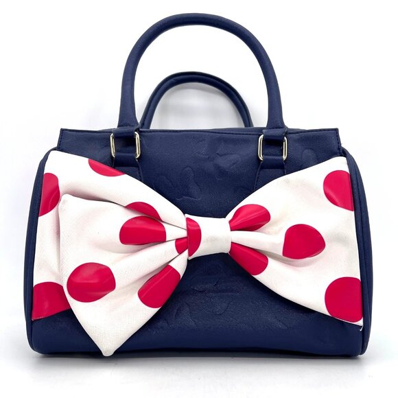 Walt Disney Boutique Handbag Purse Minnie Mouse Polka Dot White Bow Navy Blue - Picture 1 of 16